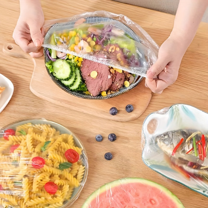 100pcs Food-Grade Disposable Plastic Wrap, Stretchable Cling Film for Bowls, Plates, Fruits, Vegetables - Transparent Kitchen Freshness Covers, Anti-dust Cover